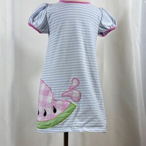 Charming Blue Striped Kids Dress with Watermelon Design